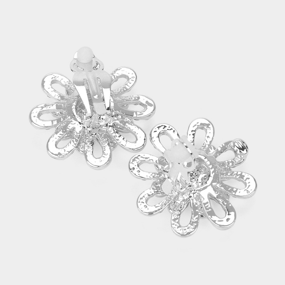 Silver White Pearl Clip On Earrings Flower Pendant Crystal Layered Necklace Set - Picture 4 of 5